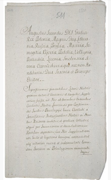 Potwierdzenie przywilejów dla Łomży przez Augusta II z 6 VII 1700 roku (fot. polska.pl)