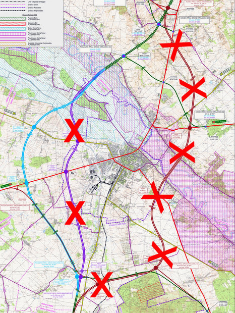 Projekt przebiegu obwodnicy Łomży. Do realizacji wybrano wariant tzw. daleki zachodni - na mapie kolor niebieski.