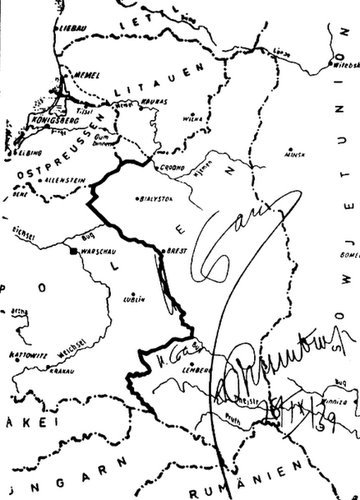 Mapa ostatecznego podziału Polski pomiędzy III Rzeszę a ZSRR z 28.09.1939 r. z wytyczoną granicą. Podpisy za zgodność: Stalin, Ribbentrop, data. (źródło: wikipedia)