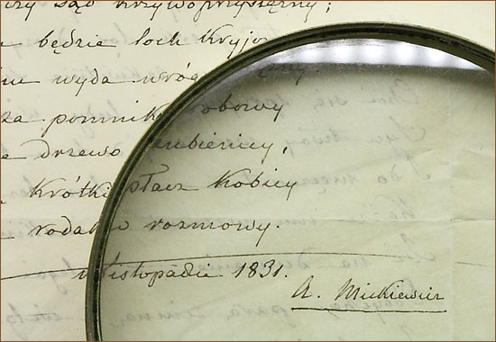 Fragment wiersza i podpis Adama Mickiewicza
