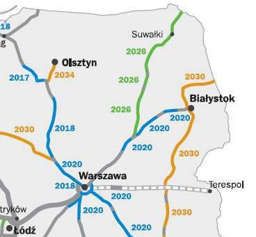 kolor szary - drogi planowane do 2013r.
kolor niebieski - drogi planowane do 2020r.
kolor zielony (via Baltica) - planowana w latach 2021-2027