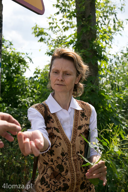 Teresa Grużewska trzyma w ręku niecierpka, także gatunek inwazyjny