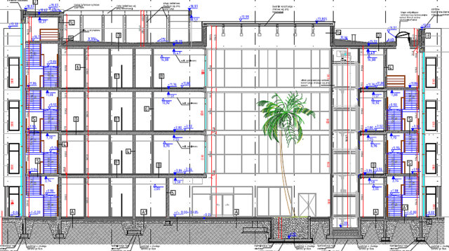 Na przedstawionych rysunkach technicznych nowego biurowca wyraźnie widać, że w holu głównym wyrosnąć ma pokaźnych rozmiarów palma.