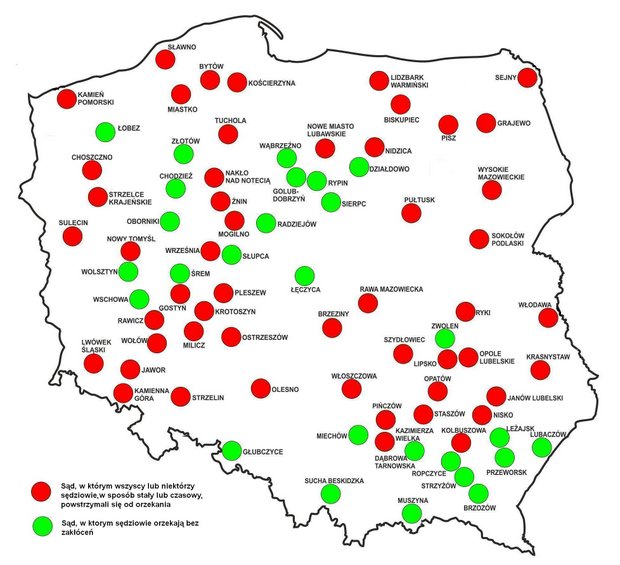 Mapa sądów w których sędziowie wstrzymują się od orzekania. źródło: Stowarzyszenie Sędziów Polskich „Iustitia”