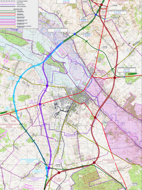 Projekty obwodnicy Łomży budowanej w ramach Via Baltica. GDDKiA jako wariant preferowany wskazała tzw. daleki zachodni - na mapie kolor niebieski
