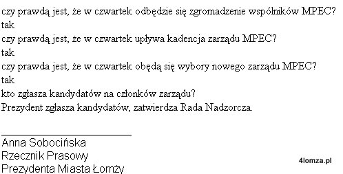 Oto odpowiedzi na pytania dotyczące zarządu MPEC jakie otrzymaliśmy od rzecznika prasowego prezydenta Łomży