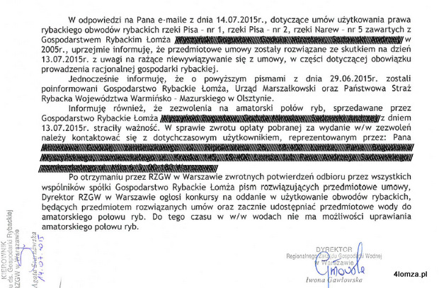 Pismo Iwony Gawłowskiej dyrektor RZGW w Warszawie w sprawie wypowiedzenia umowy GRŁ i konsekwencji tego dla wędkarzy