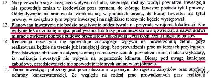 Fragment decyzji środowiskowej dotyczącej budowy drogi ze ścieżką rowerową wzdłuż Narwi