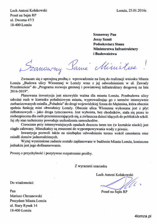 List posła Lecha A. Kołakowskiego do Jerzego Szmita, wiceministra infrastruktury i budownictwa