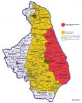 Mapa wyznaczonych przez Komisję Europejską obszarów objętych różnymi restrykcjami w związku z ASF (kolor czerwony - obszar objęty ograniczeniami, kolor żółty - obszar ochronny) - stan na koniec marca 2016