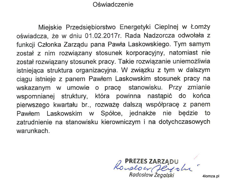 Oświadczenie prezesa MPEC Radosława Żegalskiego