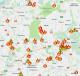 Fragment mapy województwa podlaskiego z zaznaczonymi miejscami gdzie w niedzielę wybuchały pożary suchych traw. (źródło: KW PSP Białystok)