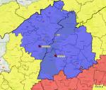 Powiaty grajewski i moniecki z zaznaczonymi miejscami gdzie w tym roku stwierdzono przypadki ASF u świń domowych (duże czerwone punkty) i u dzików (żółte punkty)