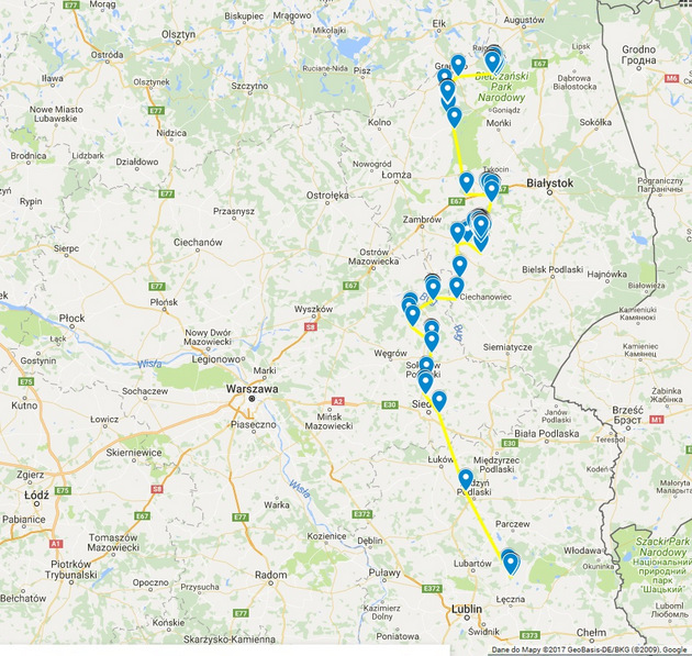 mapa prezentująca szlak migracyjny bociana z nadajnikiem (źródło: Biebrzański Park Narodowy)