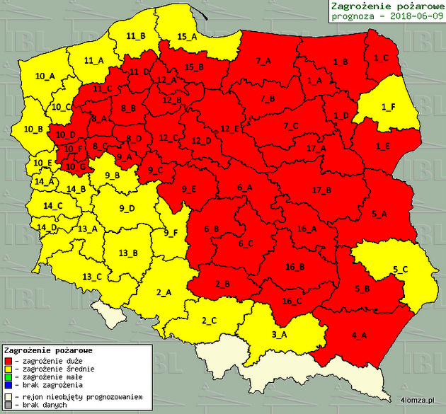 Mapa zagrożenia pożarowego w polskich lasach. Stan na sobotę na godz. 9.00