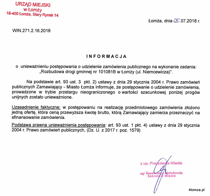 Sekretarz miasta Tamara Małachowska unieważniła przetarg na remont ul. Niemcewicza w Łomży