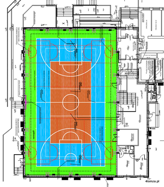 Plan boisk sportowych wewnątrz nowej sali gimnastycznej SP 2 w Łomży