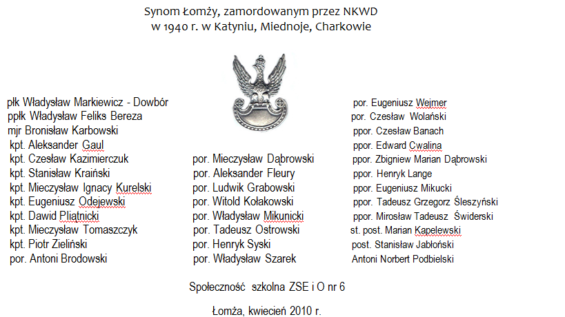 Lista łomżyńskich ofiar Zbrodni Katyńskiej, która znajduje się na obelisku odsłoniętym w 2010 roku przy Zespole Szkół Ekonomicznych w Łomży