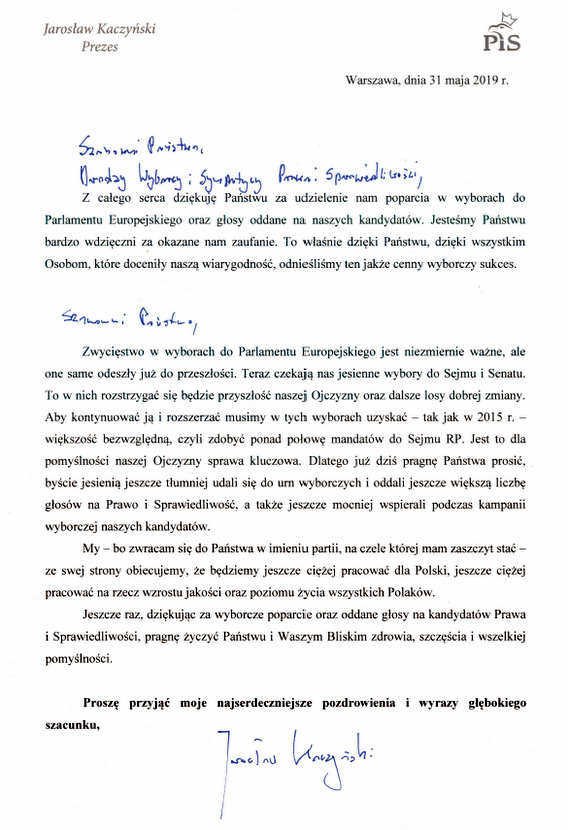 List prezesa PiS Jarosława Kaczyńskiego