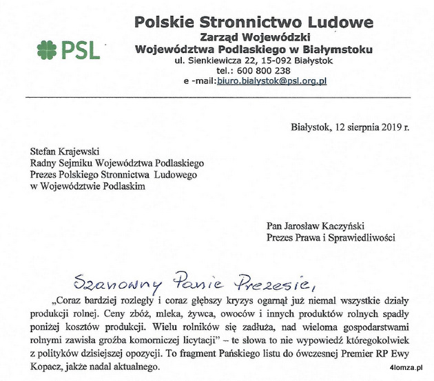 Fragment listu Stefana Krajewskiego do Jarosława Kaczyńskiego