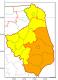 Ostrzeżenie przed burzami z gradem dla województwa podlaskiego. Żółty kolor oznacza zagrożenie pierwszego, a pomarańczowy drugiego stopnia.