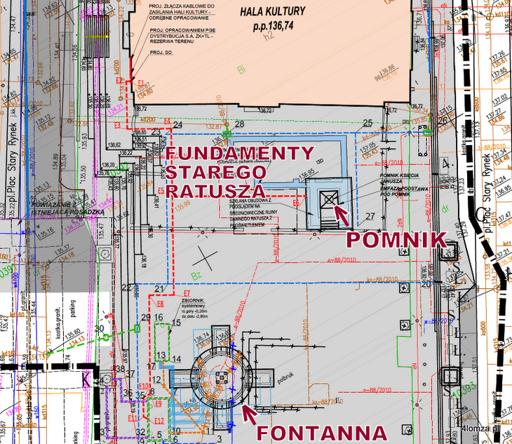 Planowane rozmieszczenie fontanny, pomnika Księcia Janusza i szklanej podłogi ukazującej historyczne fundamenty starego ratusza