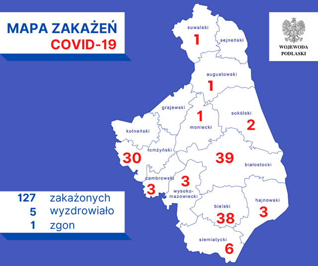 Zakażenia koronawirusem w województwie podlaskim, stan na 7 kwietnia 2020 r. Liczba zakażonych w granicach powiatu łomżyńskiego jest sumą zakażonych w powiecie łomżyńskim 14 i w mieście Łomża 16.