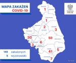 Mapa wskazująca liczbę zakażonych w poszczególnych powiatach woj. podlaskiego (stan na 8 kwietnia godz. 20.00)