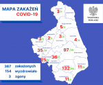 Przypadki zakażenia koronawirusem w poszczególnych powiatach województwa podlaskiego wraz z liczba ozdowieńców. Stan na 28 kwietnia 2020 r.