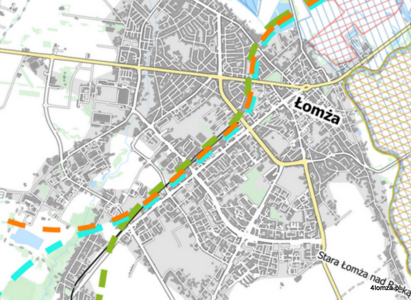 Proponowane z SSL przebiegi nowej linii kolejowej Ostrołęką - Łomża, czyli fragment 