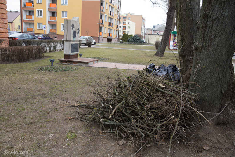 Ładnie zgrabione gałęzie i wysprzątane okolice pomnika Armii Krajowej przy Szkole Muzycznej