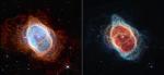 Foto: Kosmiczny Teleskop Jamesa Webba Mgławica Pierścień Południowy (zdjęcia NIRCam i MIRI obok siebie)
To bezpośrednie porównanie pokazuje obserwacje Mgławicy Pierścień Południowy w świetle bliskiej podczerwieni (po lewej) i średniej podczerwieni (po prawej), z teleskopu Webb NASA. Ta scena została stworzona przez białego karła – pozostałości gwiazdy takiej jak nasze Słońce po tym, jak zrzuciła swoje zewnętrzne warstwy i przestała spalać paliwo w wyniku syntezy jądrowej. Te zewnętrzne warstwy tworzą teraz wyrzucone muszle na całym tym widoku. Na zdjęciu z kamery bliskiej podczerwieni (NIRCam) biały karzeł pojawia się na dole po lewej stronie jasnej gwiazdy centralnej, częściowo ukryty przez kolce dyfrakcyjne. Ta sama gwiazda pojawia się – ale jaśniejsza, większa i bardziej czerwona – na obrazie z instrumentu MIRI (Mid-Infrared Instrument). Ten biały karzeł jest pokryty grubymi warstwami pyłu, przez co wydaje się większy. (źródło: NASA)
