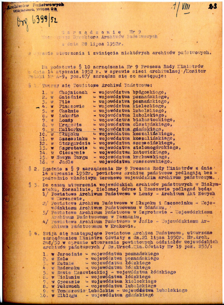 Zarządzenie nr 9 naczelnego dyrektora Archiwów Państwowych z 28 lipca 1952, powołujące Powiatowe Archiwum Państwowe w Łomży