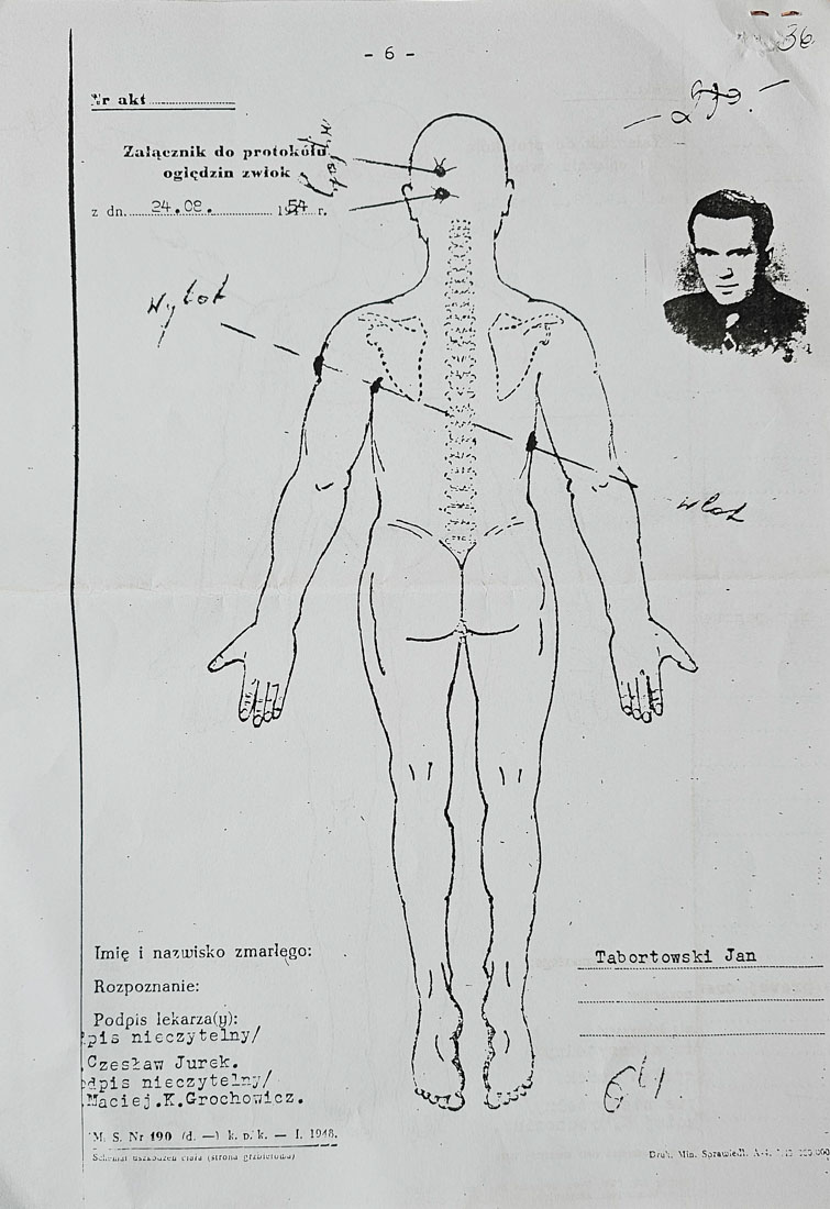 Kopia załącznika protokołu oględzin zwłok z 24.08.1954 rok wyciągnięty z archiwów UB przez Stowarzyszenie 